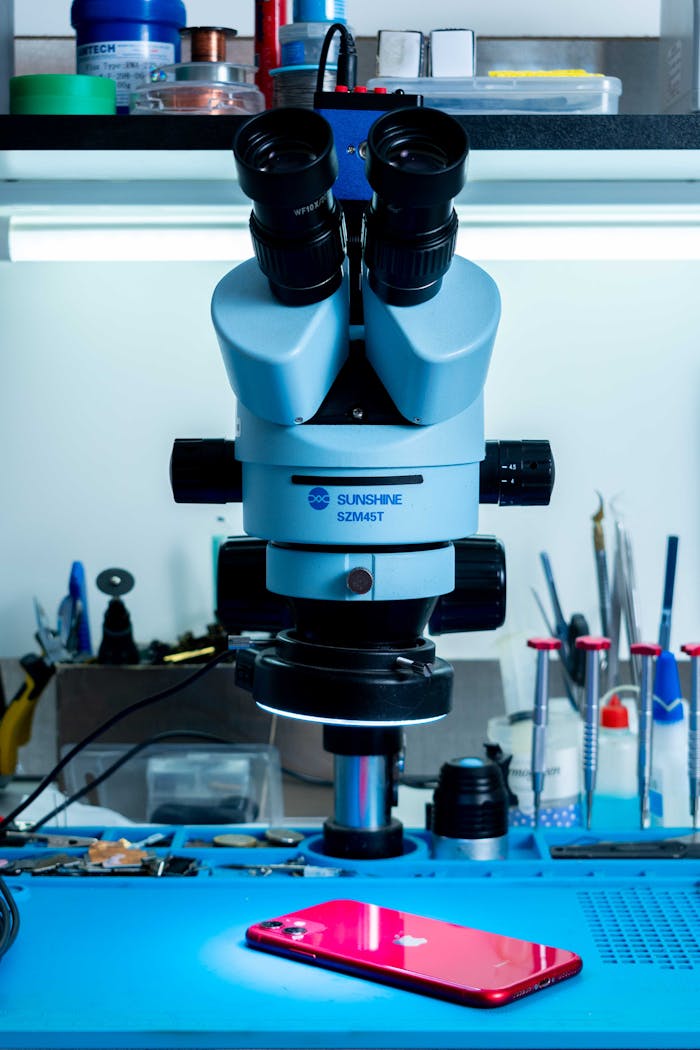 A microscope and smartphone on a lab bench, highlighting tech integration in research.